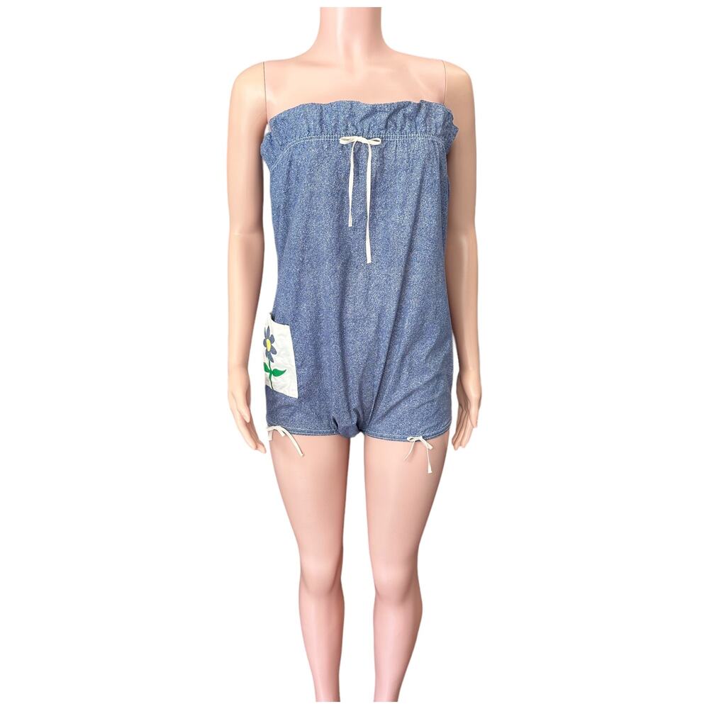 Vintage 70s Strapless Blue Cotton Romper Floral Pocket Boho Summer Playsuit